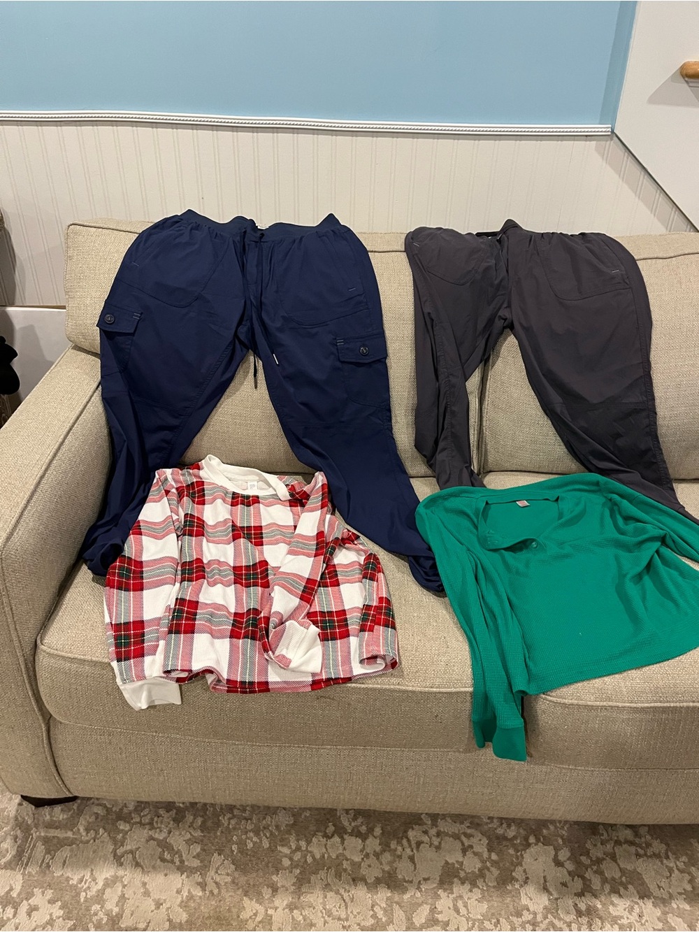 Women’s Navy & Gray Pants with Red Plaid Top and Green Tee and Lot
